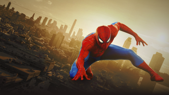 Spider-Man in classic suit crouching over New York City