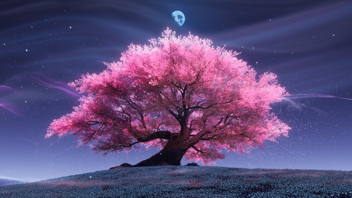 Glowing Pink Cherry Blossom Tree Under Night Sky