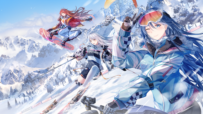 Girls snowboarding and skiing in the mountains