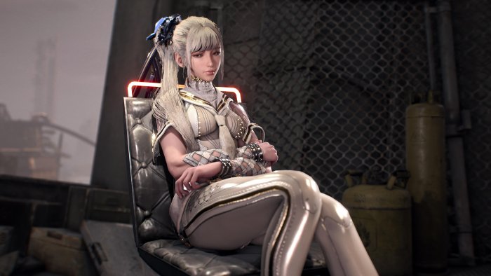Eve from Stellar Blade sitting on a chair