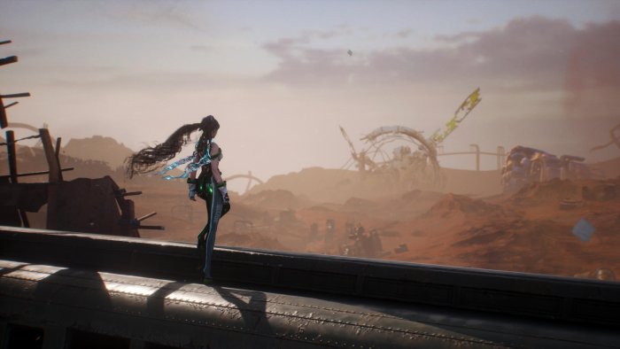 Eve overlooking a desolate wasteland in Stellar Blade