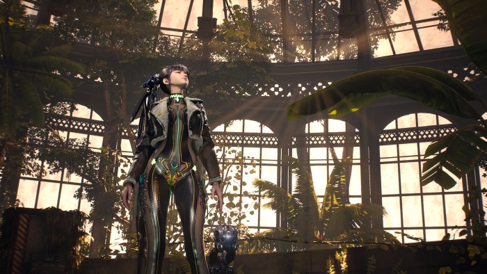 Eve standing in a sunlit greenhouse in Stellar Blade