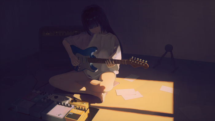 Anime girl playing blue electric guitar in dark room