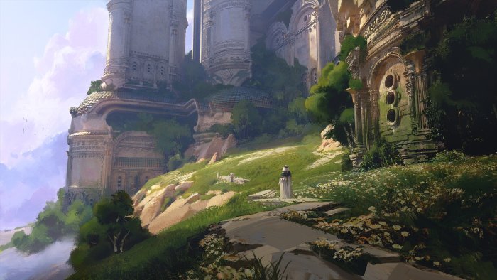 Lone Robed Figure Walking Toward Ancient White Towers