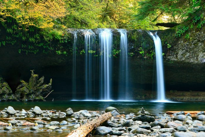 Peaceful waterfall flowing into a rocky pool