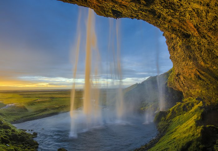 Seljalandsfoss Waterfall Viewed from Behind the Cascade