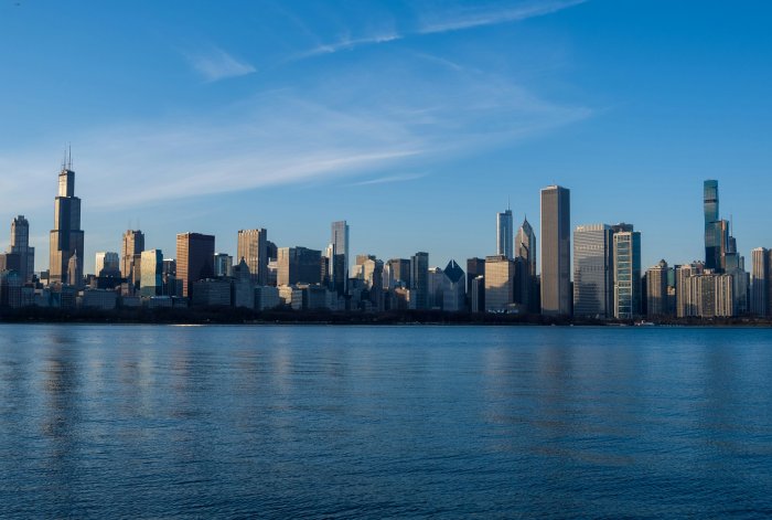 Chicago Skyline Across Lake Michigan Under Blue Sky