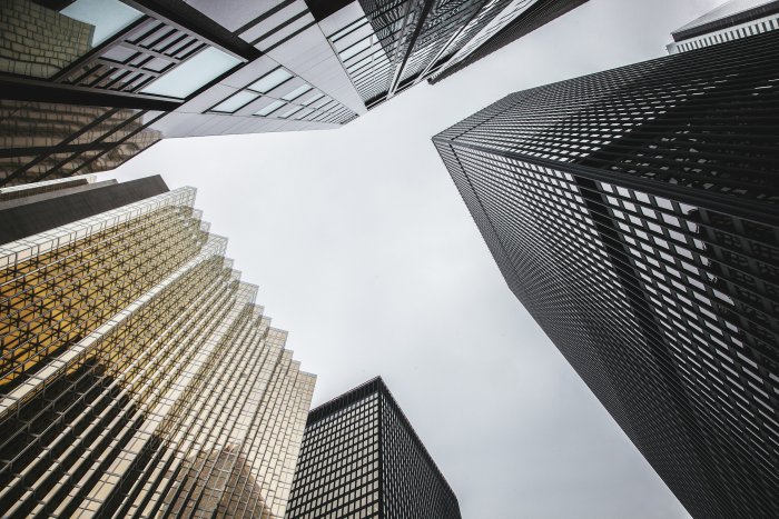 Low Angle View of Modern Skyscraper Facades