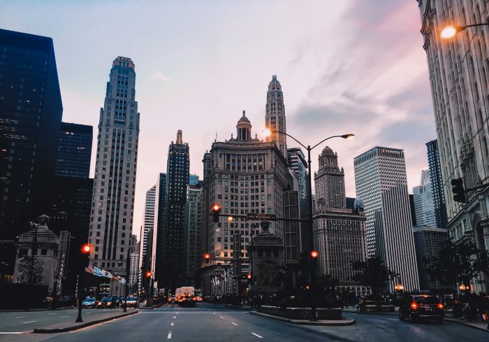 Low Angle View of Chicago Skyscrapers at Dusk