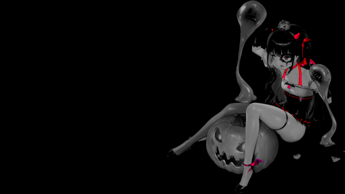 Halloween Anime Devil Girl Sitting on a Jack-o'-Lantern