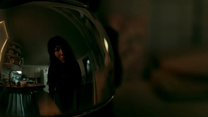 Woman's reflection in a polished kettle from Saccharine