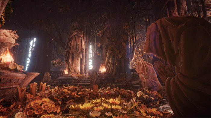 Gothic Temple with Praying Statues and Flowers