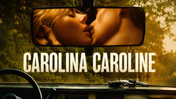 Carolina Caroline movie poster with couple in rearview mirror