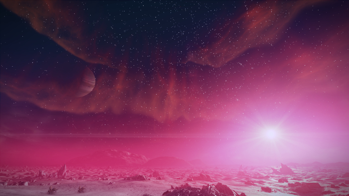 Alien Planet Surface with Pink Sky and Gas Giant