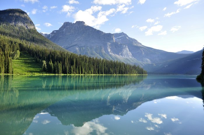 Glacial lake reflecting mountains and pine forest