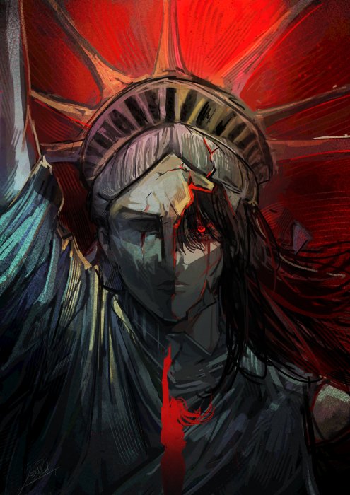 Cracked Statue of Liberty Revealing Anime Girl