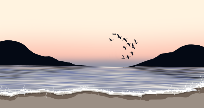 Flock of birds flying over a calm sea at sunset