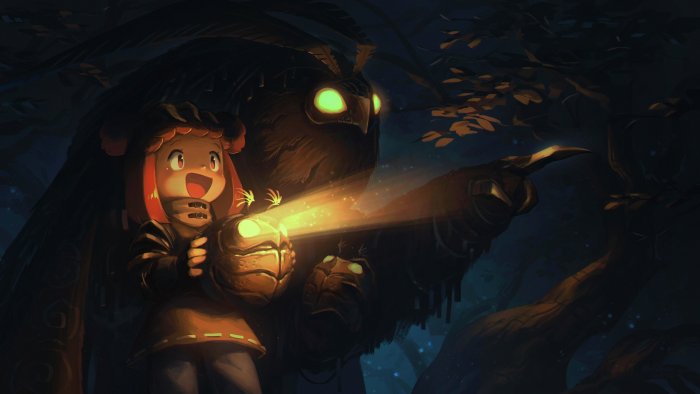 Girl with Lantern and Giant Creature in Dark Forest