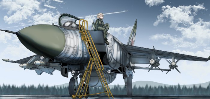 Anime Pilot Girl Sitting on a Su-15 Fighter Jet