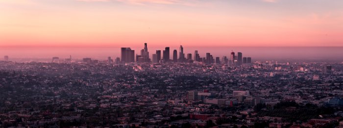 Downtown Los Angeles Skyline During Pink Sunrise