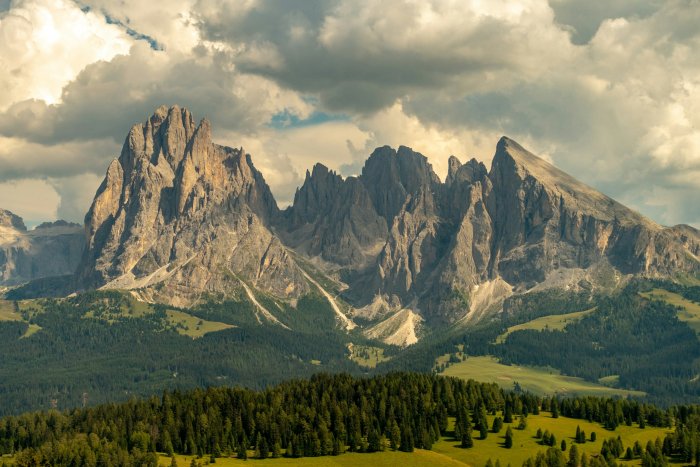 Sassolungo and Plattkofel Mountains in the Dolomites