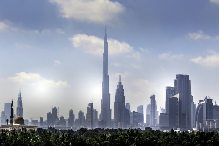 Dubai Skyline with Burj Khalifa and Mosque