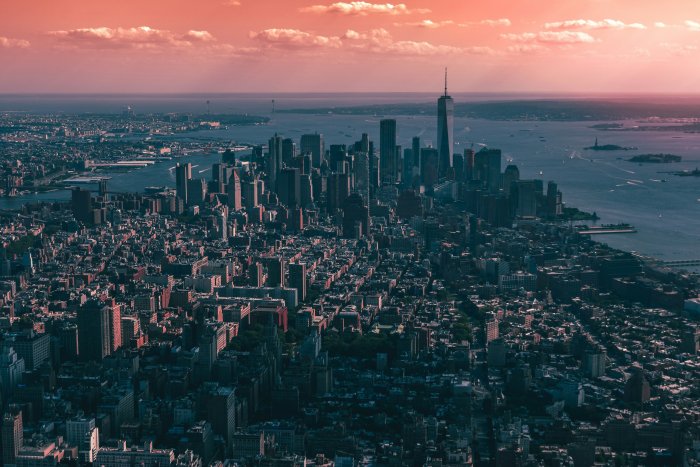 Aerial View of Lower Manhattan Skyline at Sunset