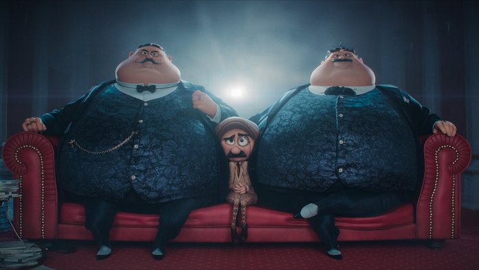 Three animated gentlemen on a red sofa