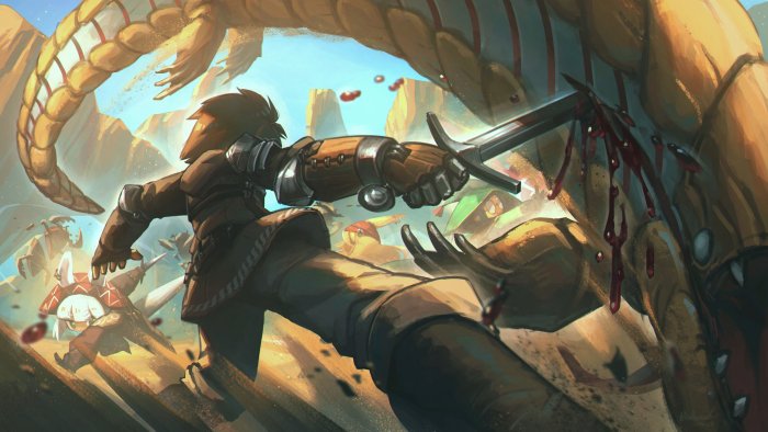 Warrior Stabbing a Giant Sandworm by Porforever