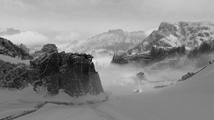 Snowy mountain valley with machine from Horizon Forbidden West