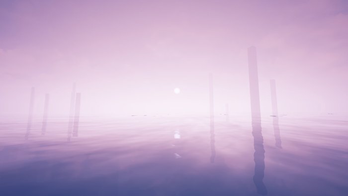 Surreal purple landscape with monolithic pillars in water