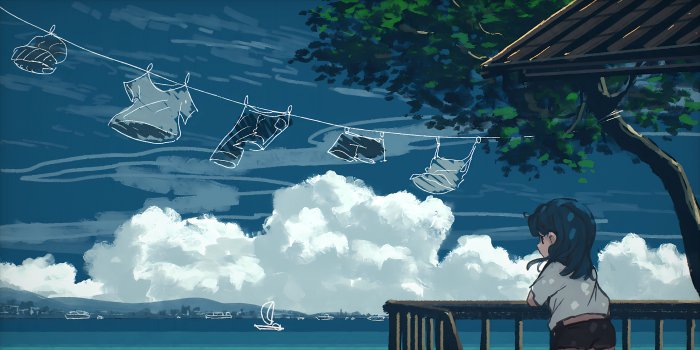 Anime Girl on Balcony Looking at Sea and Clouds