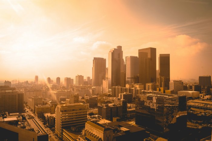 Golden hour view of Downtown Los Angeles skyline