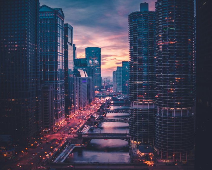 Chicago River and Marina City Towers at Sunset