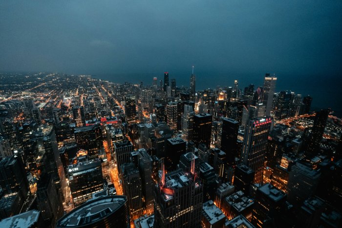 Aerial View of Chicago Skyline at Night