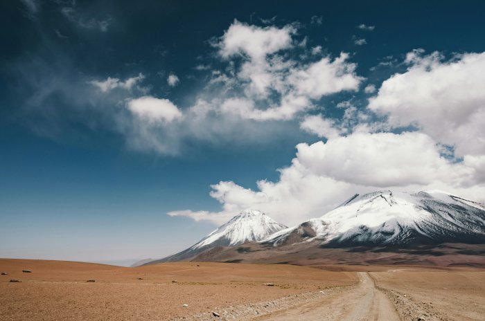 Snow-capped Licancabur volcano in the desert