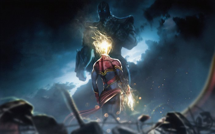 Captain Marvel facing Thanos in Marvel Avengers Endgame