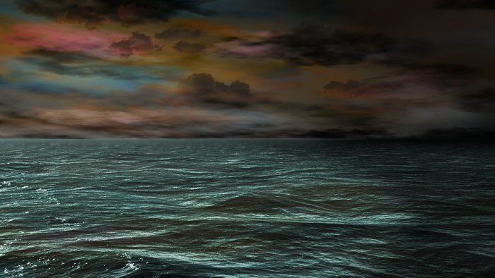 Dark stormy ocean under a colorful cloudy sky