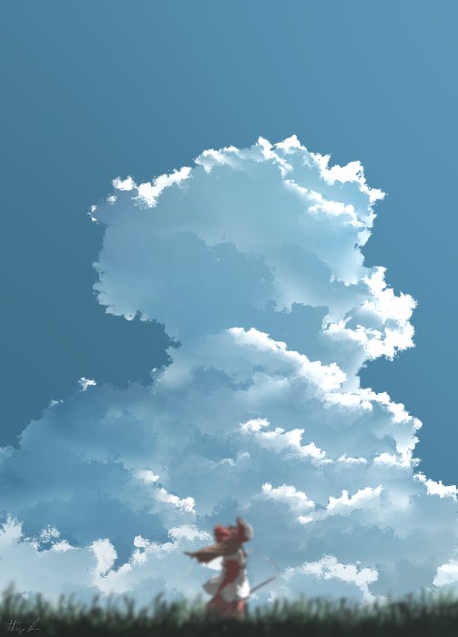 Reimu Hakurei from Touhou Project under a massive cloud