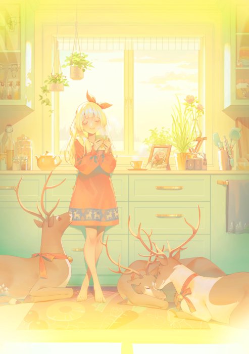 Anime Girl with Reindeer in a Warm Kitchen