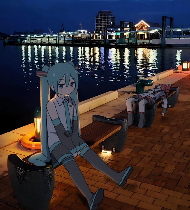 Hatsune Miku and Kasane Teto on Harbor Benches