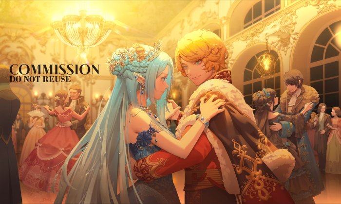Fantasy Couple Dancing in a Golden Ballroom