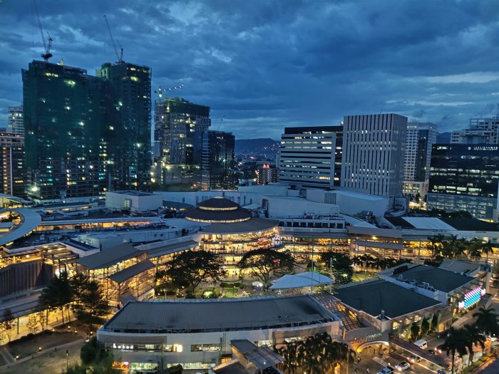 High-Angle View of a Modern City Plaza at Dusk
