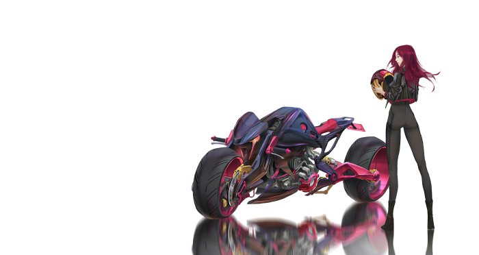 Futuristic Sci-Fi Motorcycle and Red-Haired Female Rider