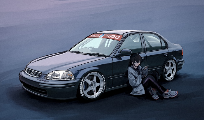 Anime girl with Honda Primo car