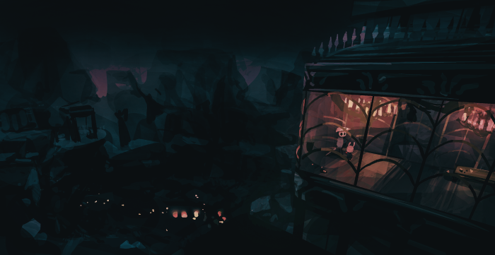 The Knight and Quirrel inside a tram in Hollow Knight