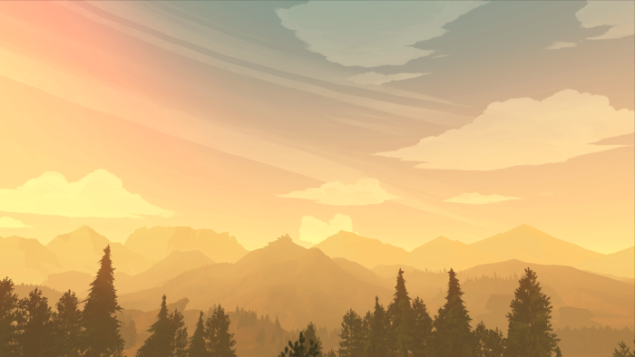 Firewatch stylized mountain landscape at sunset