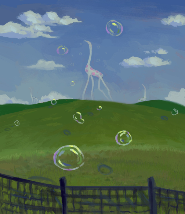 Surreal Zoolim creature in a grassy field with bubbles