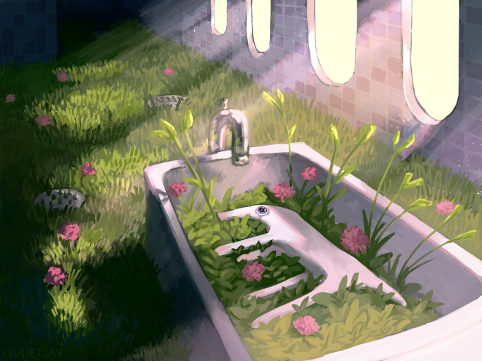Zoolim lying in a plant-filled bathtub