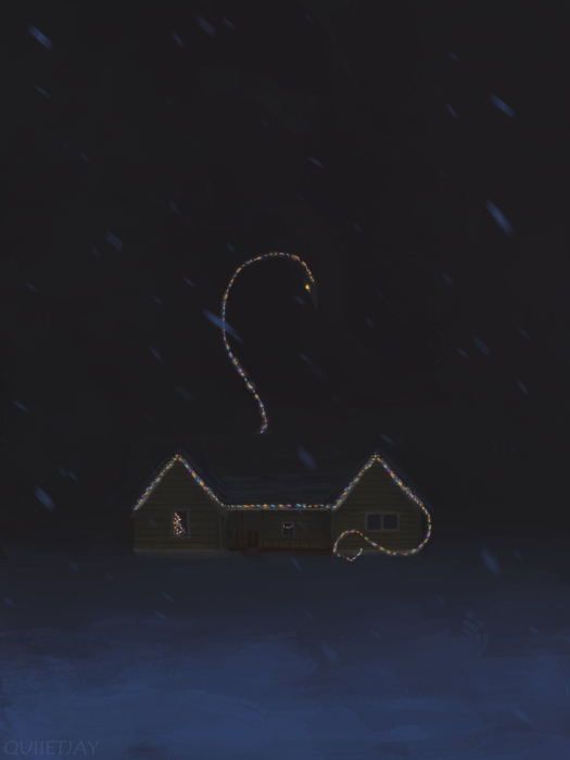 Giant Christmas Light Serpent Over a House